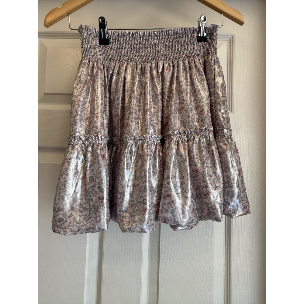 Free People Skirt Womens Small Pink Silver Metallic Floral Smocked Ruffle Mini